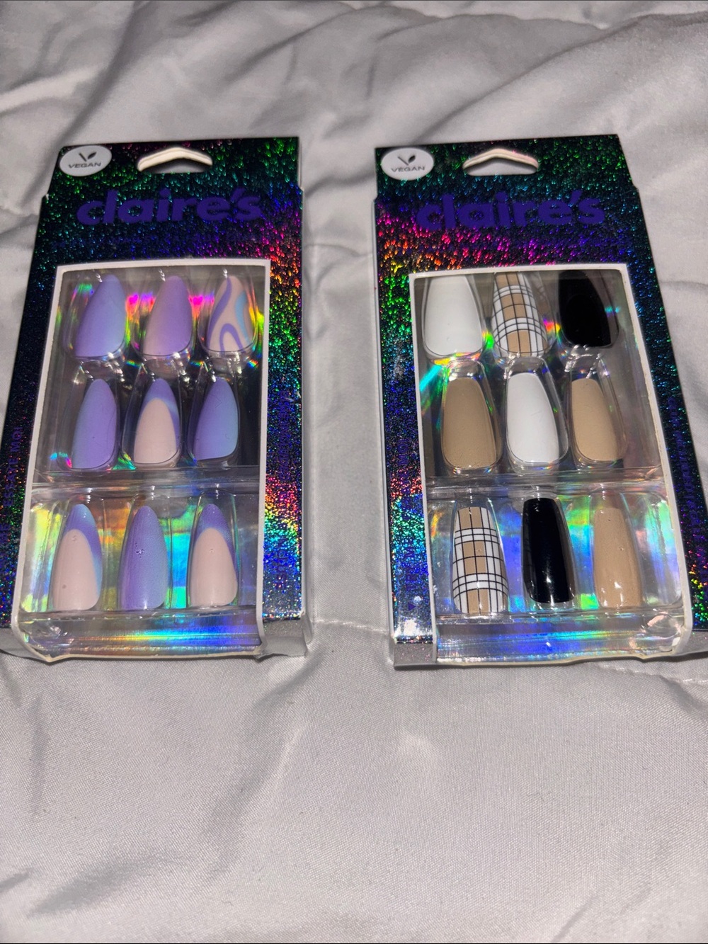 Claire's Lavender & Beige Glue-On Nail Duo with Black Accents(Brand New)